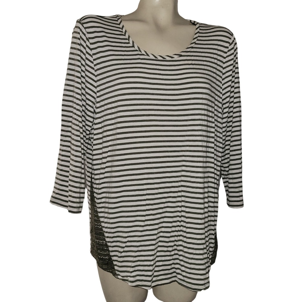 Chicos Striped 3/4 Sleeve Top Lace Inset 3X lightweight casual nautical beach